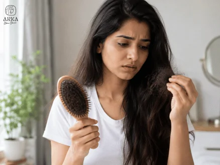 Young woman noticing natural hair fall in her hairbrush while checking her hair at home, highlighting why August is the best time to start professional hair fall treatment.